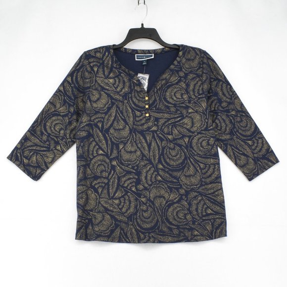 Karen Scott Women Plus Size Blue 3/4 Sleeve Henley Button Neck Printed Top - Picture 2 of 6